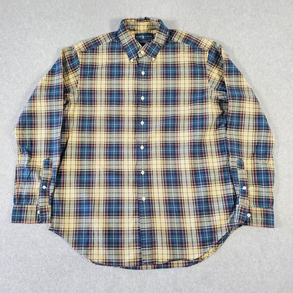 Ralph Lauren Mens Large Classic Fit Plaid Button Down Shirt Blue Tan Cotton